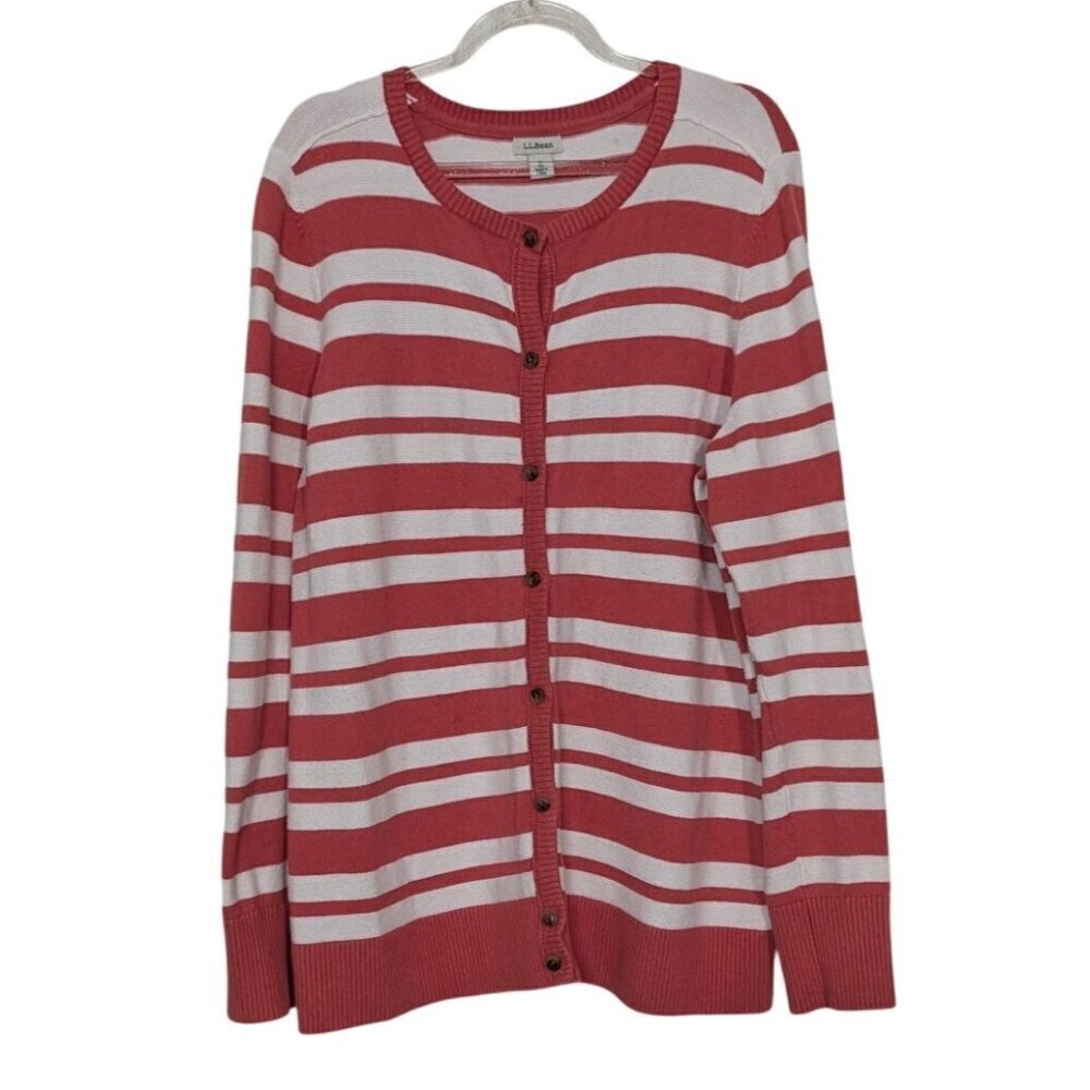LL Bean Stripe Cardigan Womens Size Large Pink Cotton Cashmere Preppy Sweater